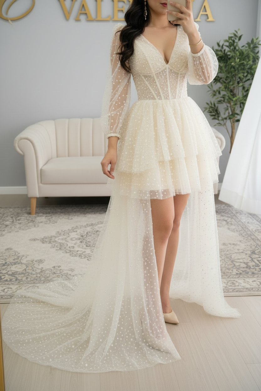 Vestido Blanco Tul Perlas Corset Manga Larga Cola cod.V583