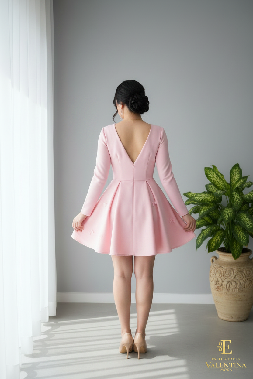 Vestido Rosa Baby Escote V Manga Larga Falda Skater Lazos 3d cod.939