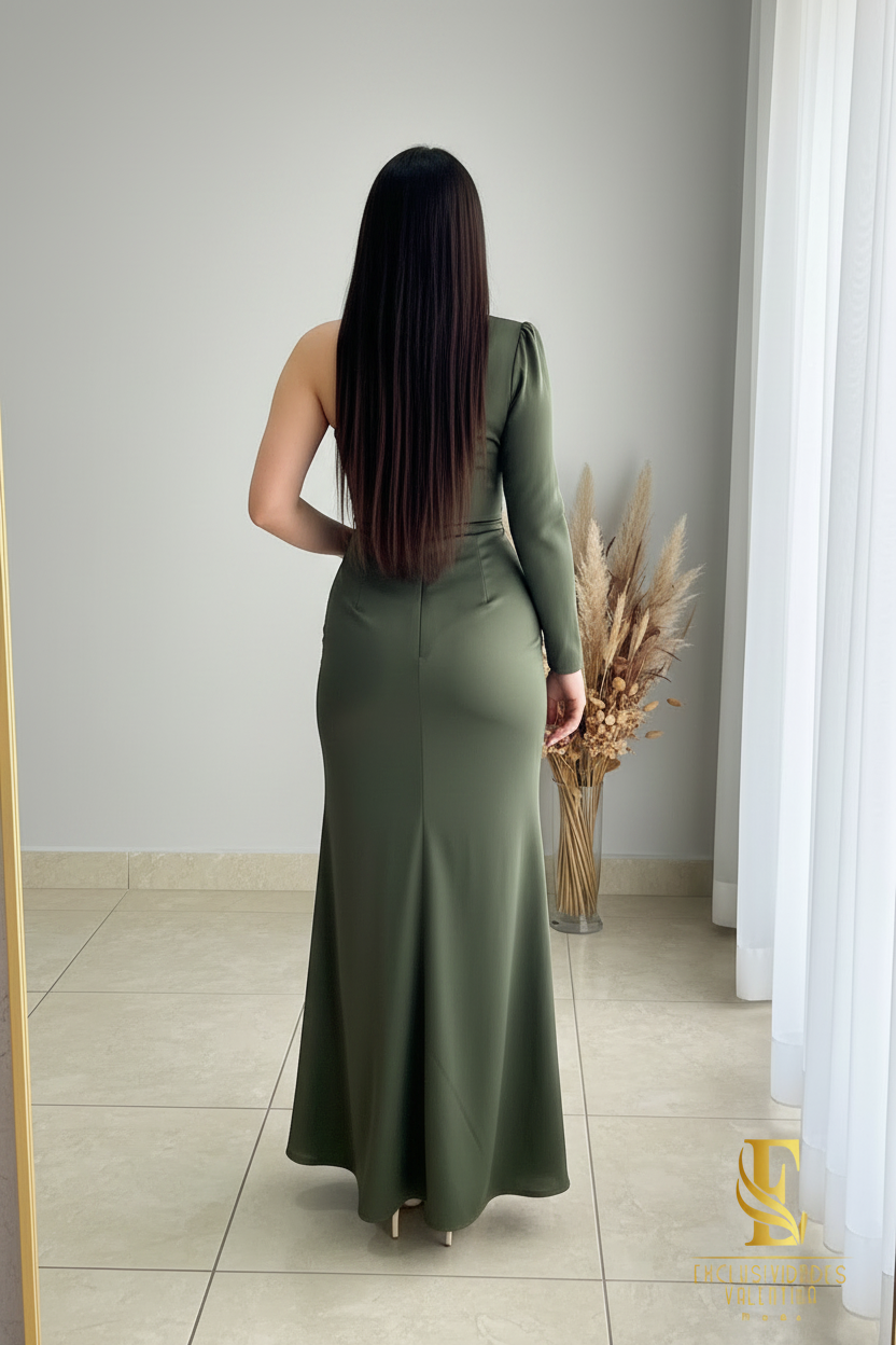 Vestido Verde Olivo | Un Hombro Manga Larga con Drapeado y Botones Dorados cod.V524
