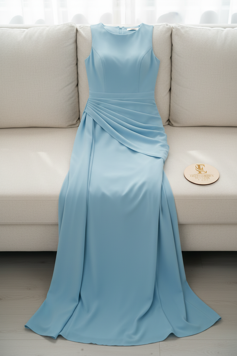 Vestido Azul Cielo Sin Mangas con Drapeado Lateral cod.230