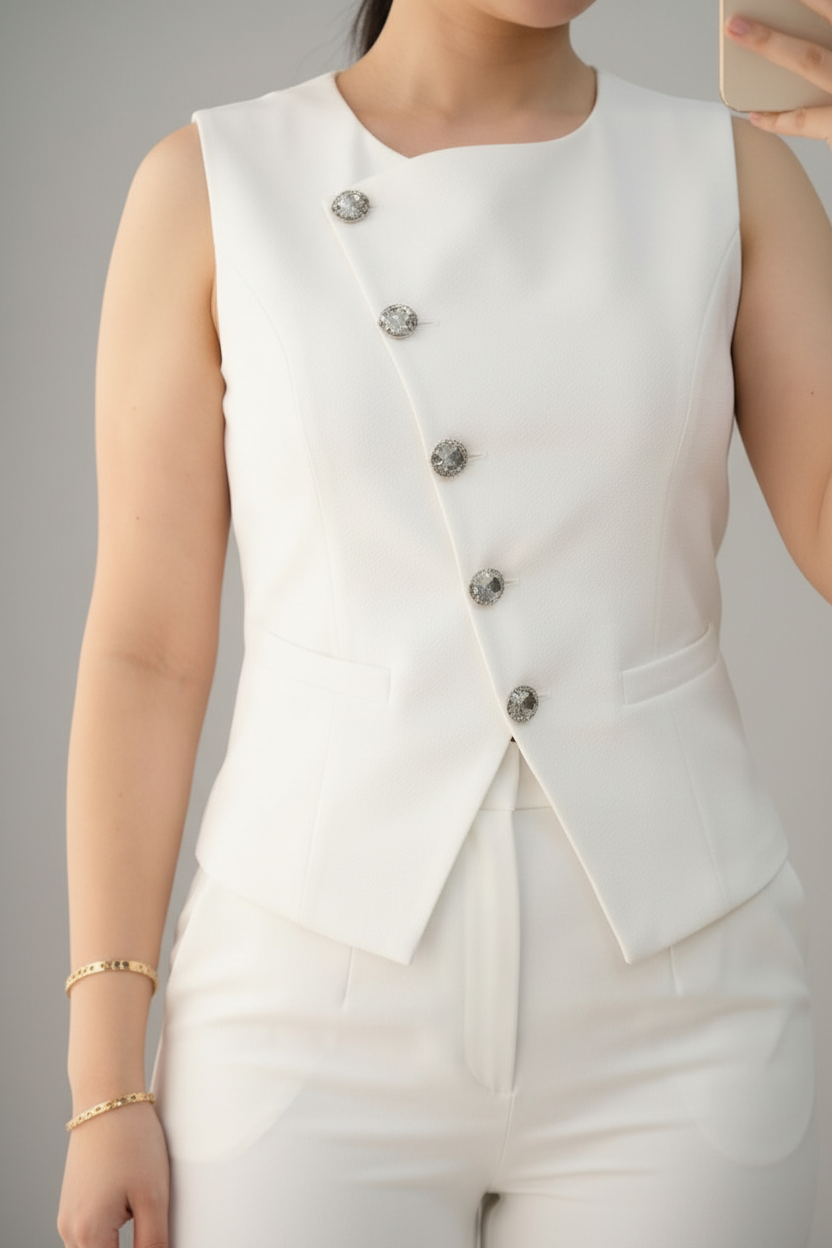 Conjunto Dos Piezas Blanco Chaleco Sin Mangas Botones de Cristal y Pantalón Palazzo cod.C966