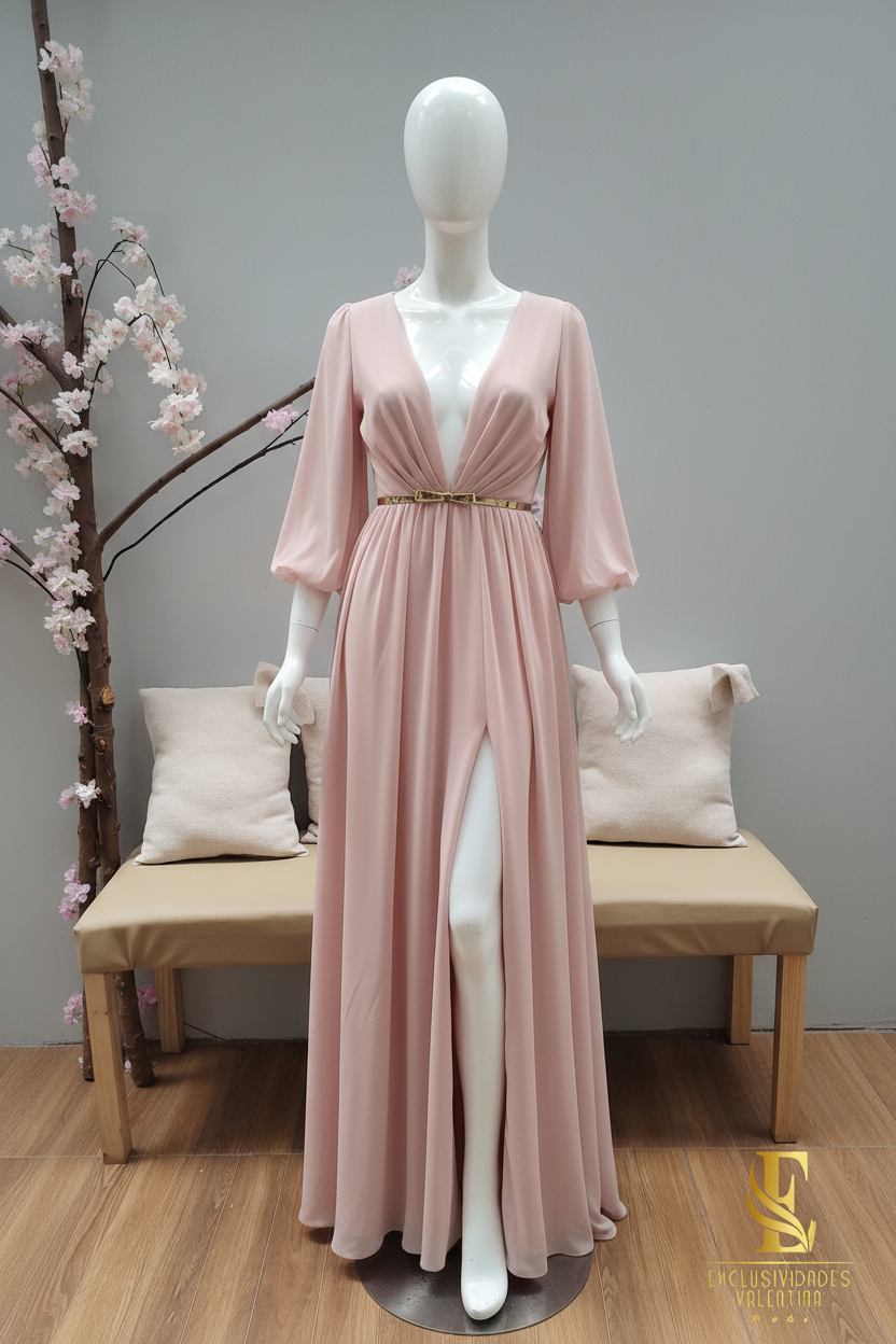 Vestido Rosa Palo Blush Largo Manga Globo Escote V Profundo Cinturón Dorado cod.V301