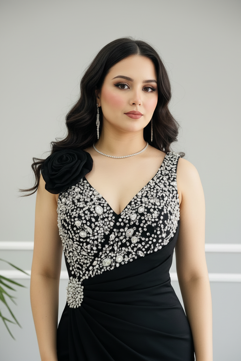 Vestido Formal Negro Escote V con Pedrería Asimétrica y Abertura Frontal cod.549