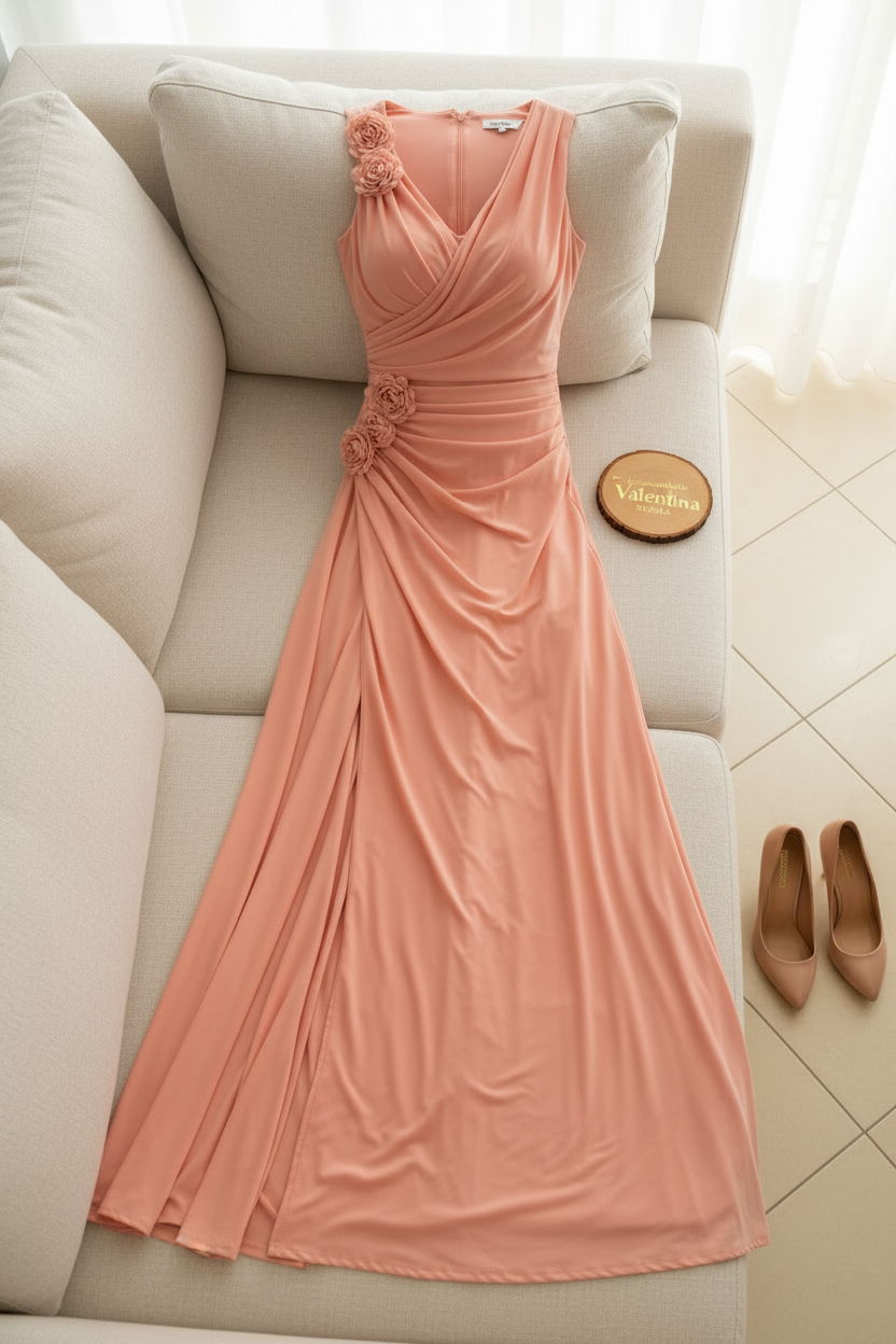 Vestido Salmon Rose – Gown Salmón con Rosas 3D & Abertura cod.681