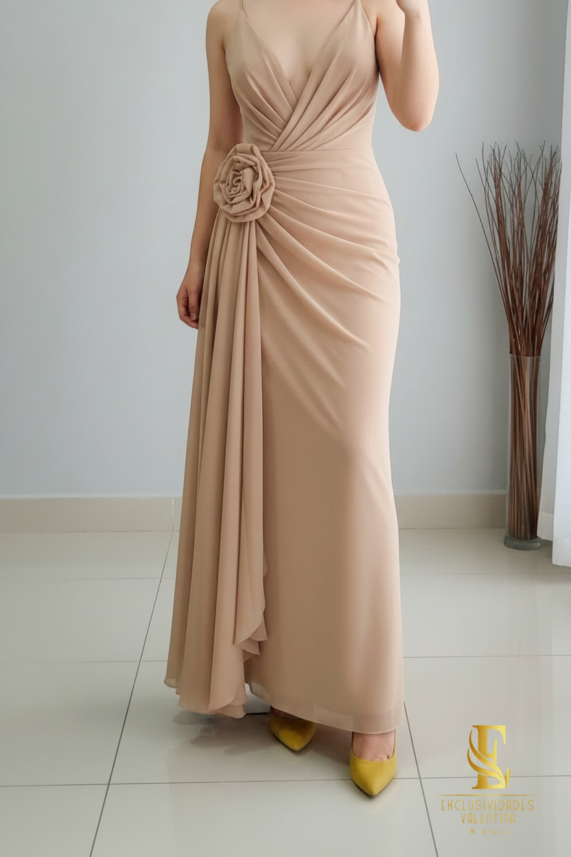 Vestido Nude Stretch con Flor 3D cod.V342