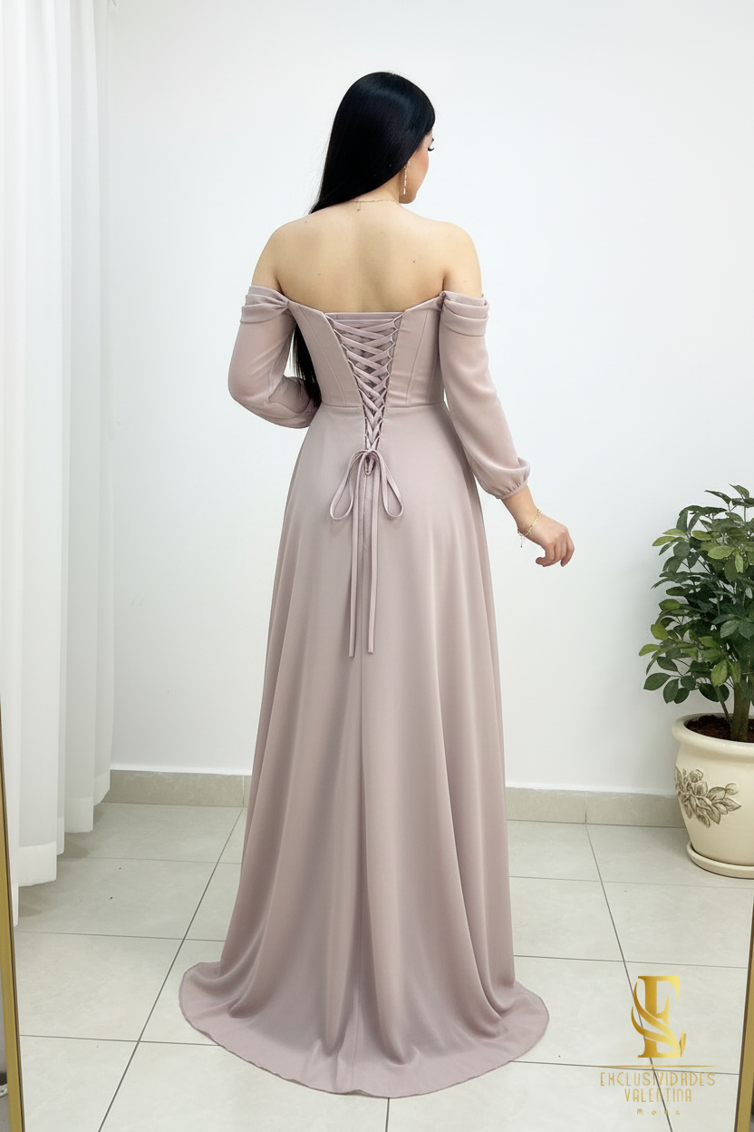 Vestido Malva Off-Shoulder Manga Puff con Córset cod.V275