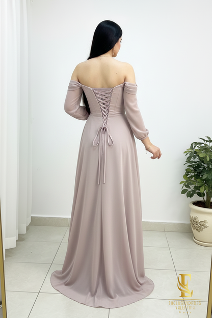 Vestido Malva Off-Shoulder Manga Puff con Córset cod.V275