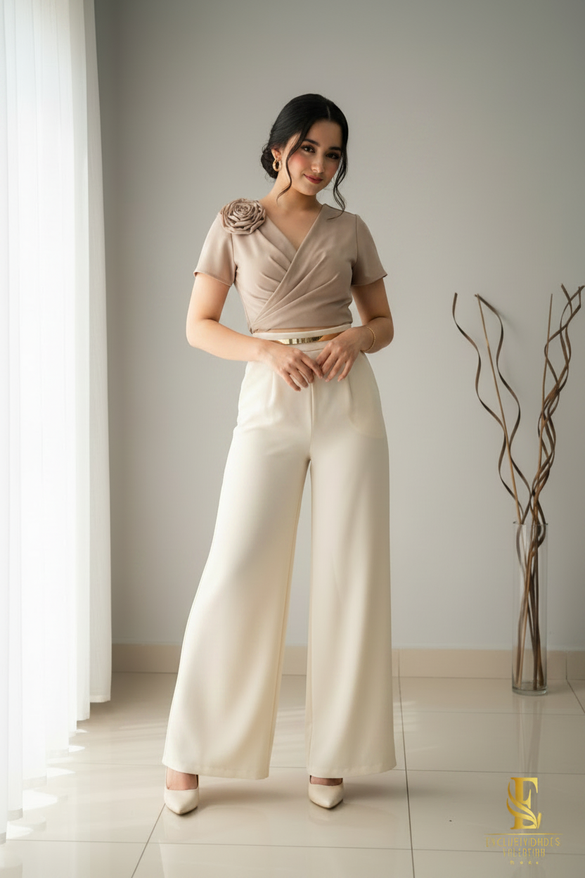 Conjunto Beige Blusa Rosa Palazzo Crema cod.V332