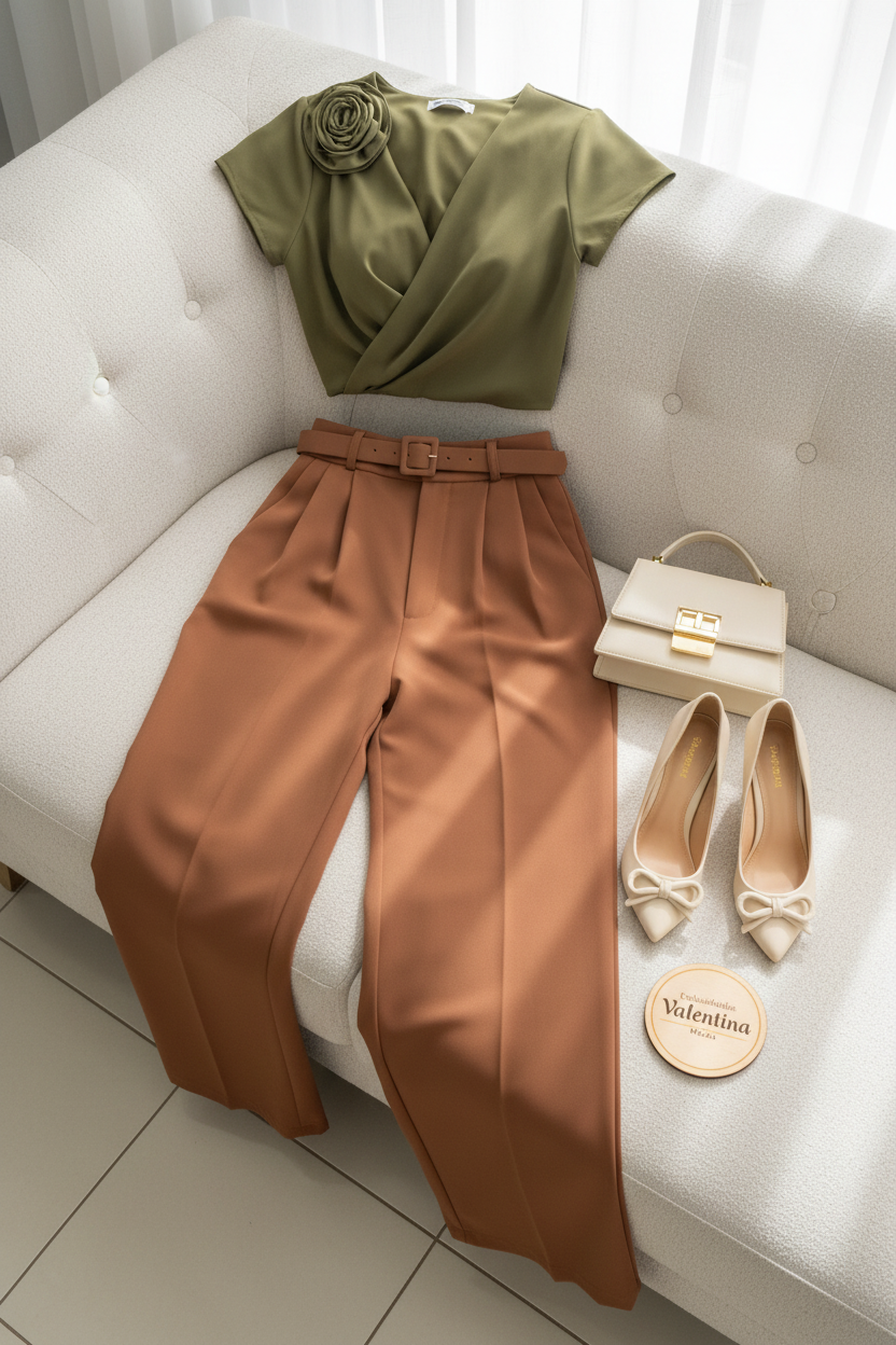 Conjunto 2 Piezas Top Verde Oliva Rosa 3D y Palazzo Terracota cod.00137