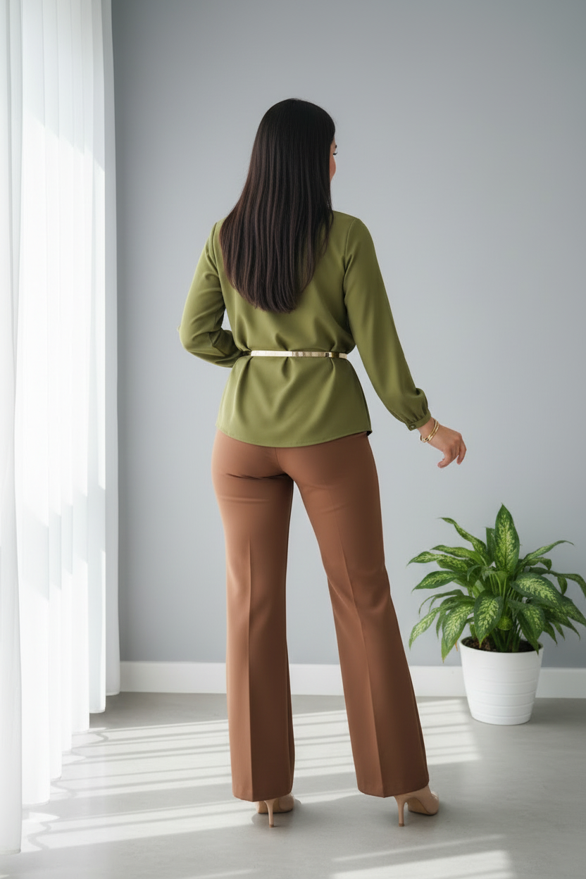 Blusa Verde Oliva Cuello Alto Manga Larga Dobladillo Asimétrico cod.759