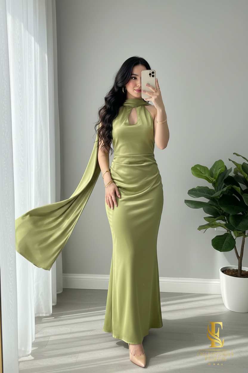 Vestido Verde Oliva Satinado — Halter Cut-Out con Capa Lateral cod.0050