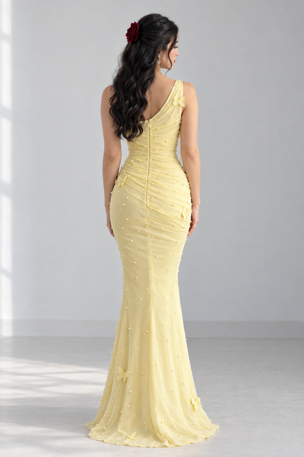 Vestido Amarillo Pastel Tul Drapeado Perlas Mariposas 3D Lazo cod.V0041