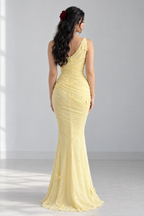 Vestido Amarillo Pastel Tul Drapeado Perlas Mariposas 3D Lazo cod.V0041