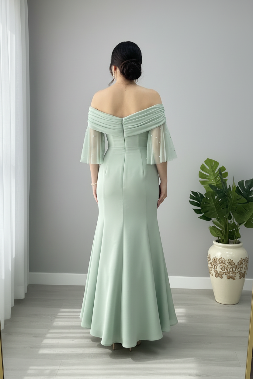 Vestido Sirena Verde Menta Sage Off-Shoulder Manga Tul Perlas Escote Corazón cod.836