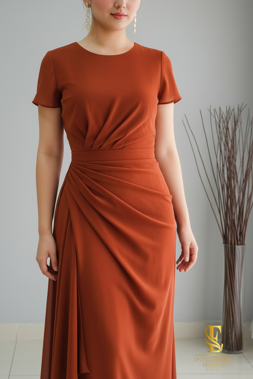 Vestido Terracota Drapeado Manga Corta cod.V344