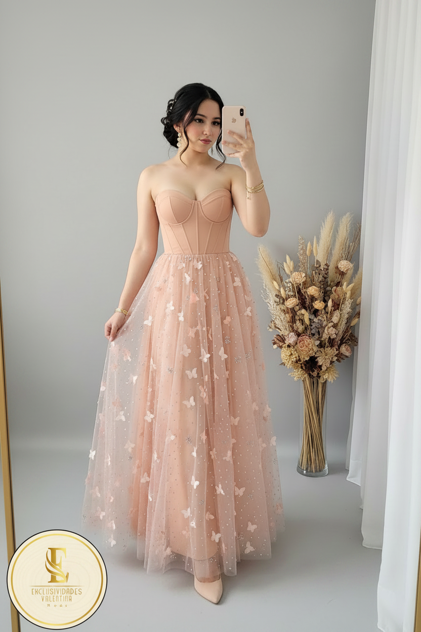 Vestido Melocotón Corset Tul Mariposas D cod.V392