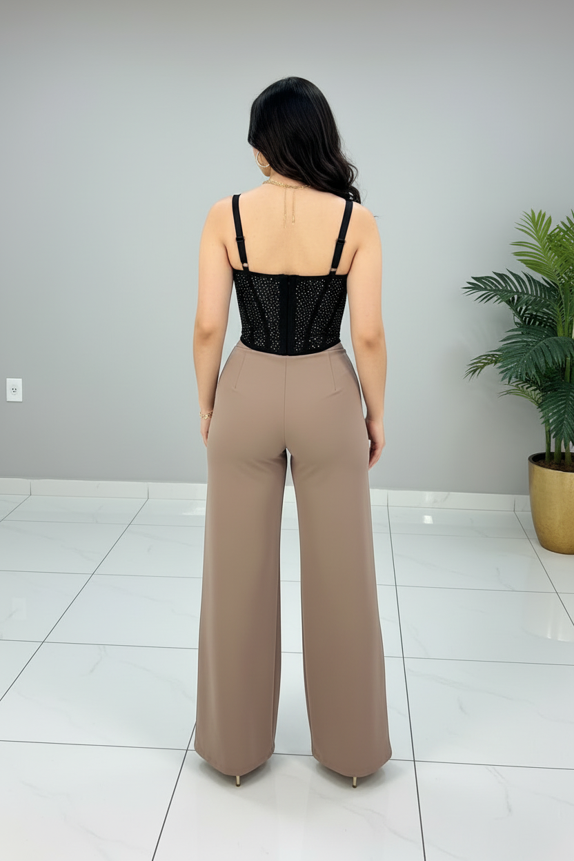 Conjunto Bustier Negro con Brillos y Pantalón Palazzo Topo cod.556
