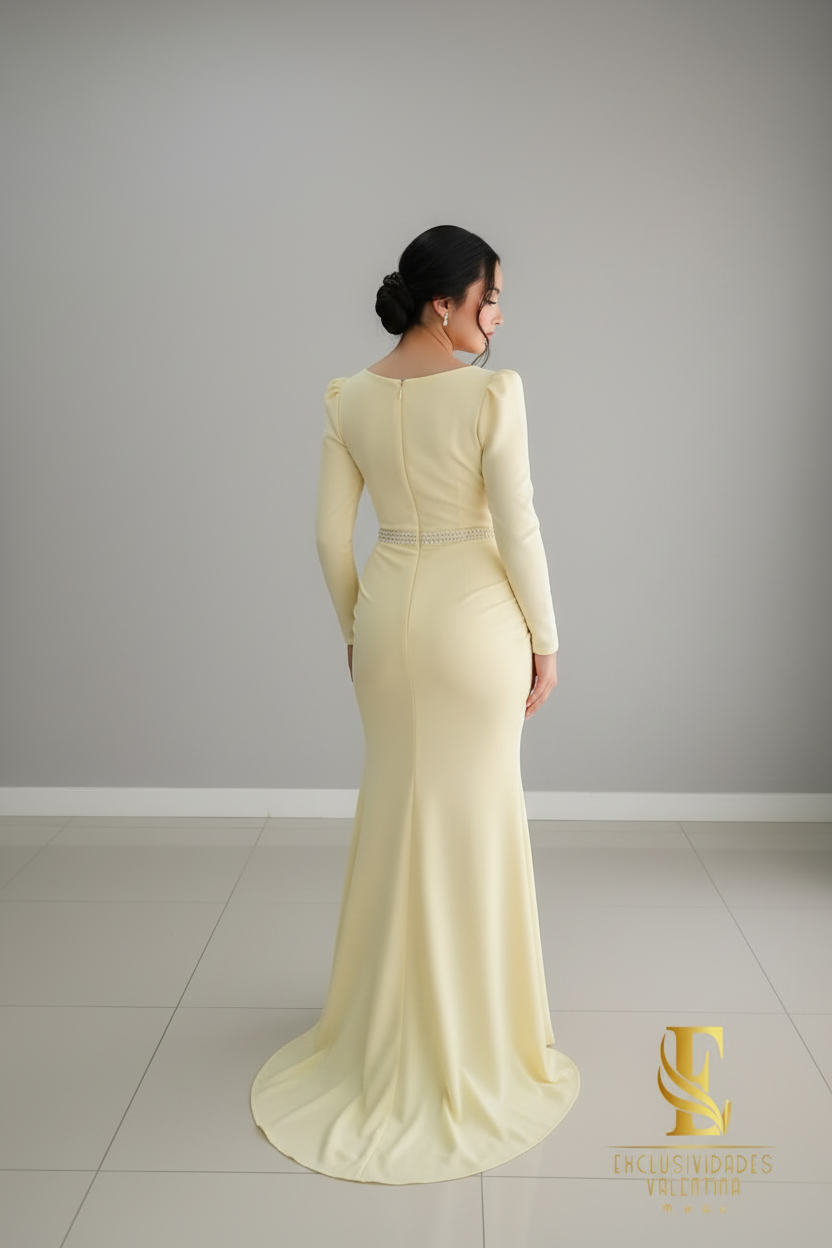 Vestido Sirena Amarillo Mantequilla con Cinturón de Cristales cod.V242