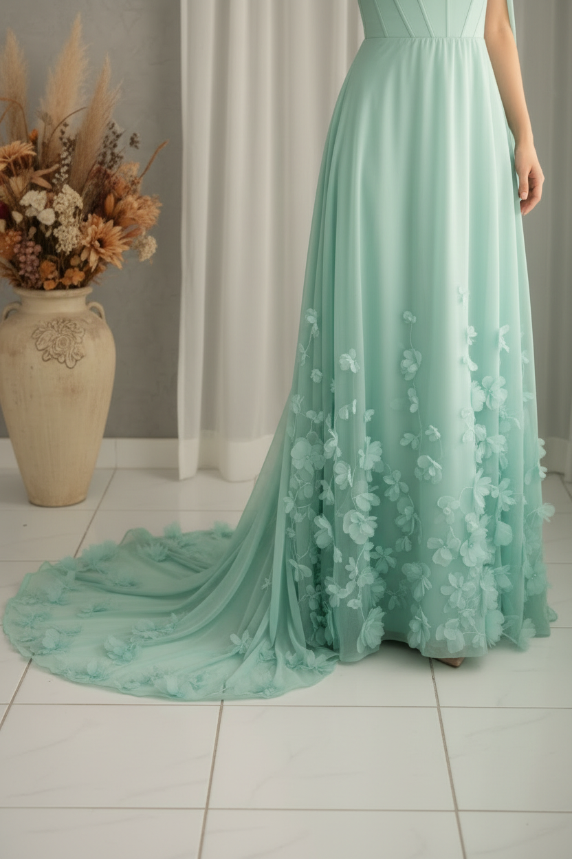 Vestido Verde Menta Gala Corset Flores 3D Mangas Capa cod.V577