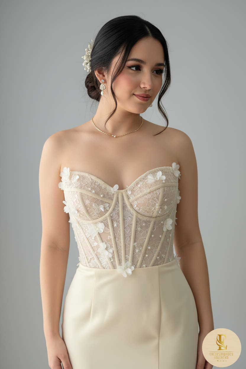 Vestido Crema Corset Floral Abertura Sirena cod.V384