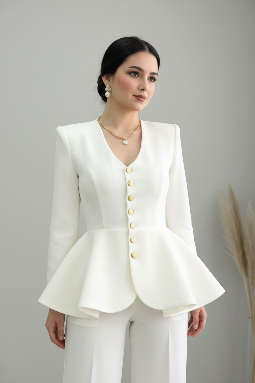 Conjunto Dos Piezas Blanco Perla — Blazer Peplum Botones Dorados & Pantalón Palazzo cod.902