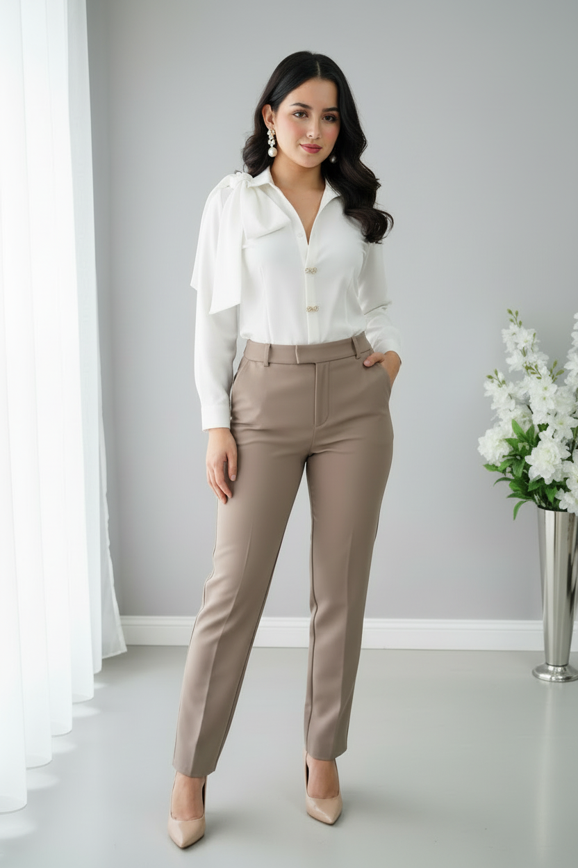 Pantalón beige talle alto recto cigarette pinzas C.1948