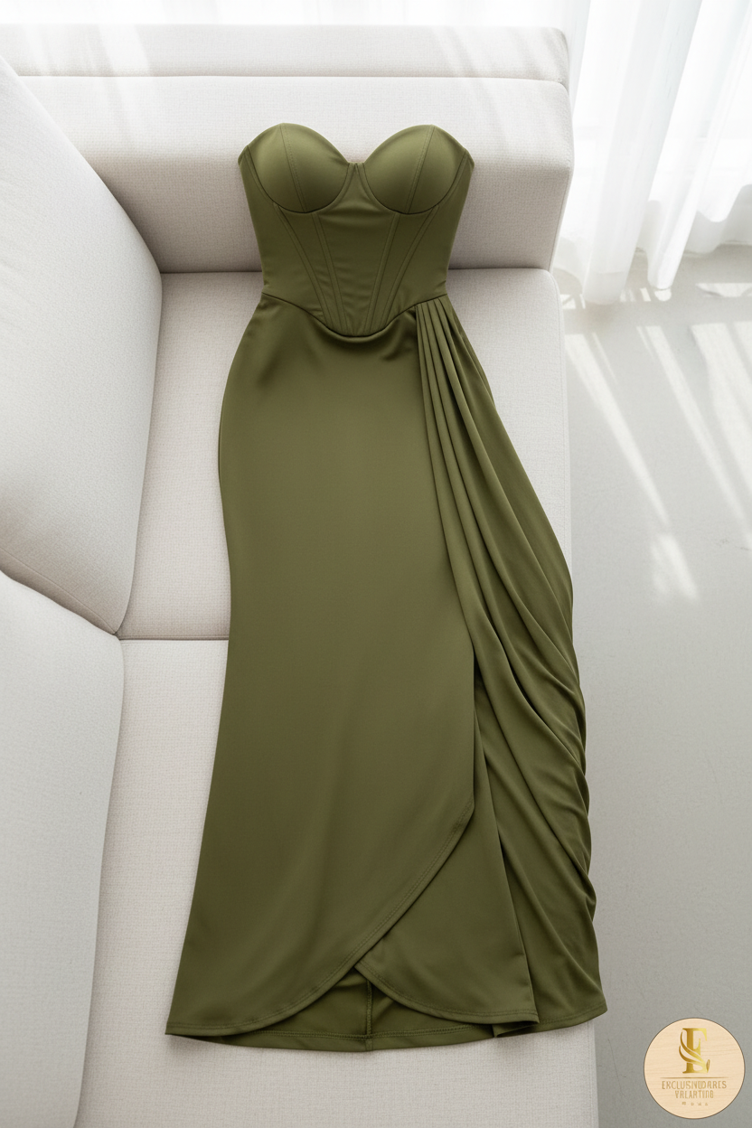 Vestido Verde Oliva Strapless Corset Estructurado Sirena con Cola Lateral cod.763