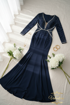 Vestido Azul Marino Sirena  Escote V Profundo — Gala y Eventos de Lujo cod.0075