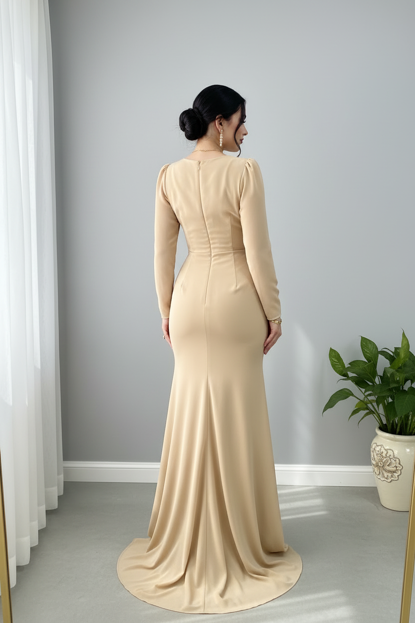 Vestido Dorado Champagne Manga Larga Sirena con Rosa D cod.968