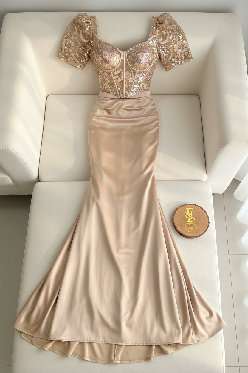 Vestido Sirena Dorado Champagne — Corset Lentejuelas, Bordado Floral & Cola cod.882