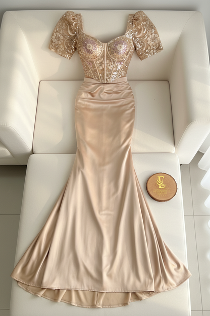 Vestido Sirena Dorado Champagne — Corset Lentejuelas, Bordado Floral & Cola cod.882