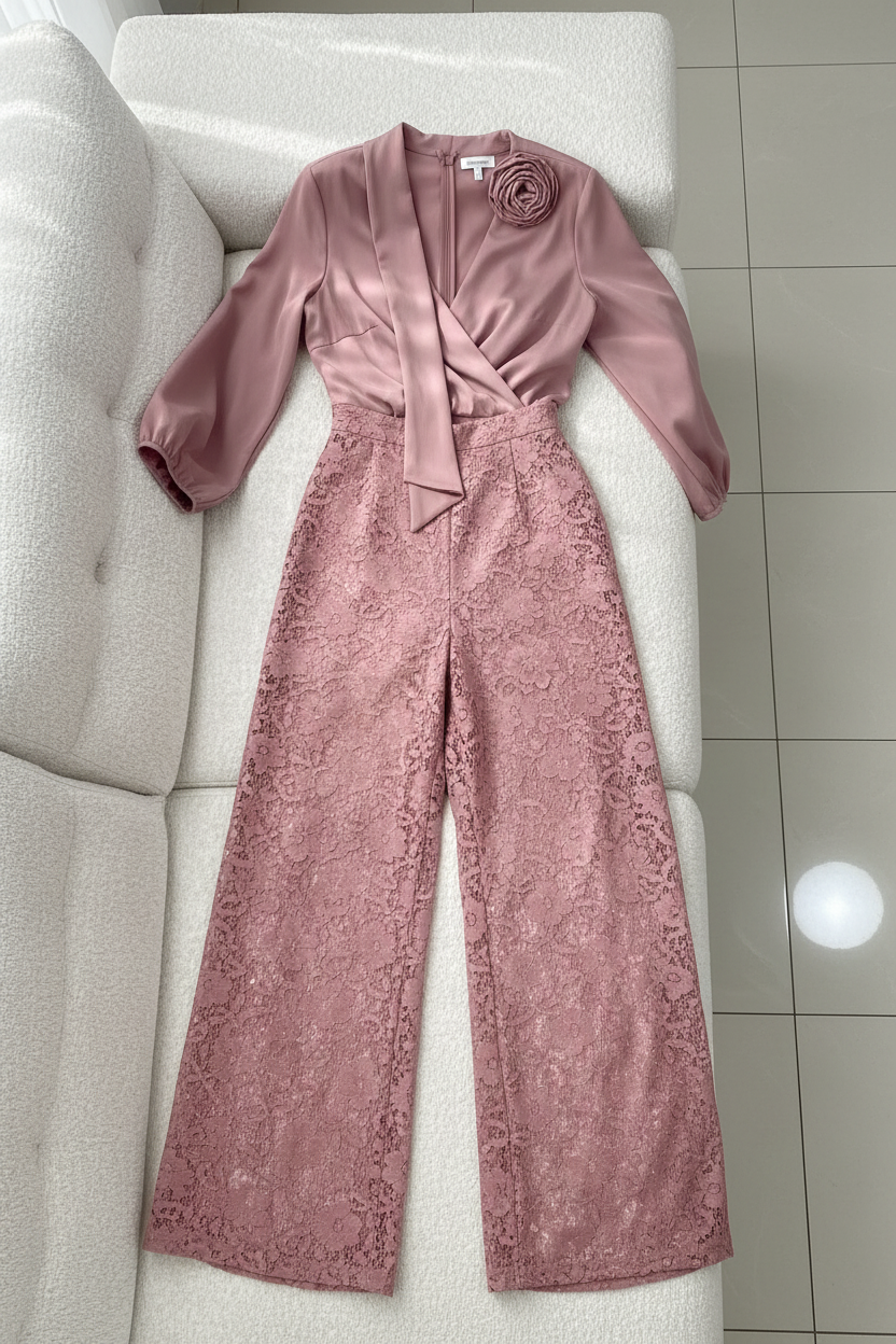 Conjunto Rosa Palo Top Cruzado Manga Globo Rosa 3D Palazzo Encaje C321