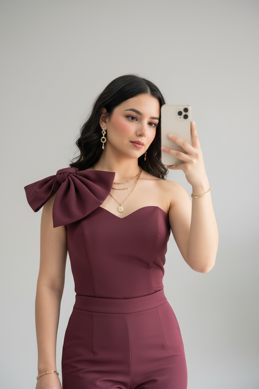 Conjunto Elegante Vino Borgoña Top Strapless con Lazo y Pantalón Wide Leg cod.514