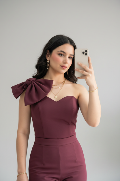 Conjunto Elegante Vino Borgoña Top Strapless con Lazo y Pantalón Wide Leg cod.514