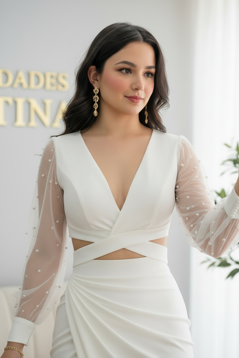 Vestido Blanco Manga Tul con Perlas Escote V y Cut-Out cod.V602
