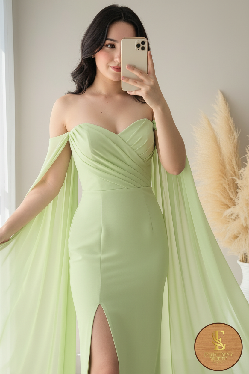 Vestido Verde Menta Off-Shoulder Sirena Capas Abertura cod.00103