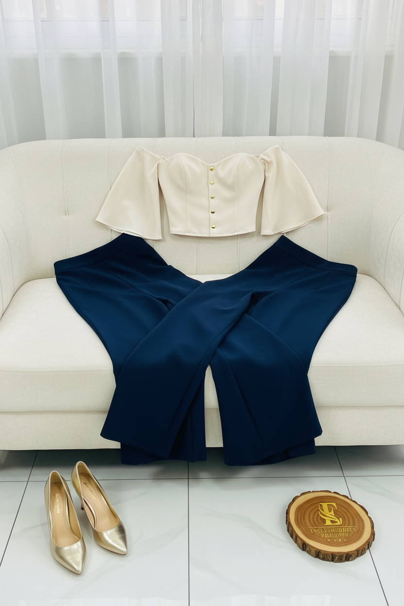 Conjunto Cream Off-Shoulder Gold & Navy cod.569