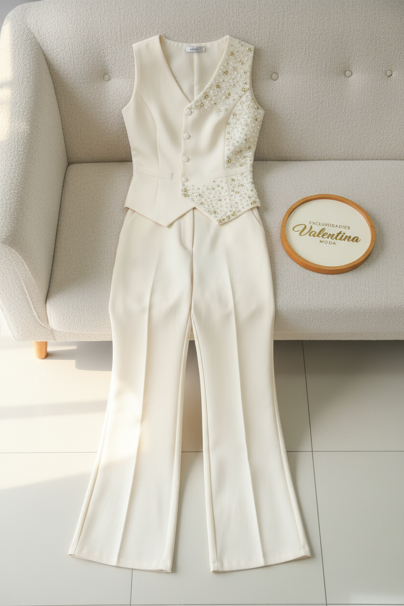 Conjunto Crema Chaleco Bordado y Pantalón cod.633
