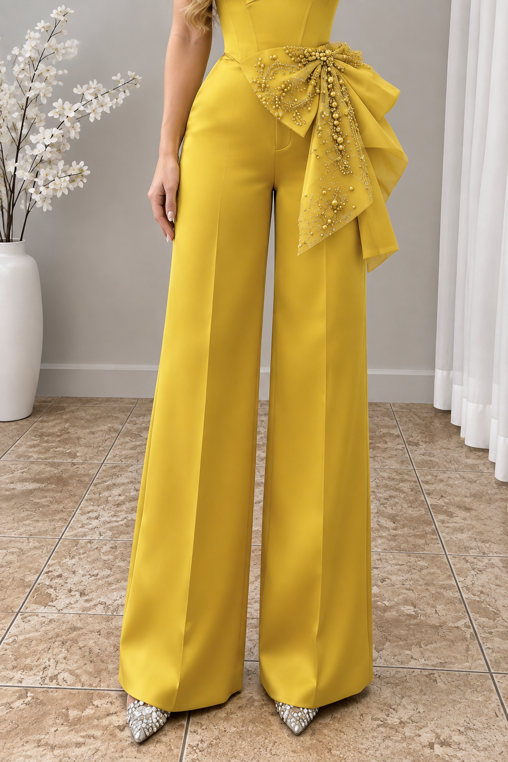 Conjunto Amarillo Dorado Blusa Corset Strapless Lazo Tul Perlas + Pantalón Recto cod.CJ004