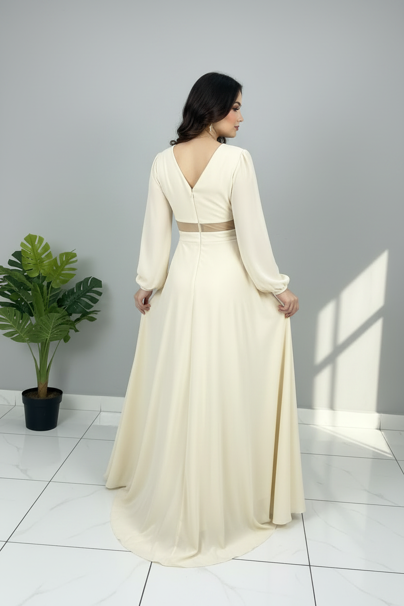 Vestido Crema Marfil Escote V Mangas Largas con Cut-Out cod.643