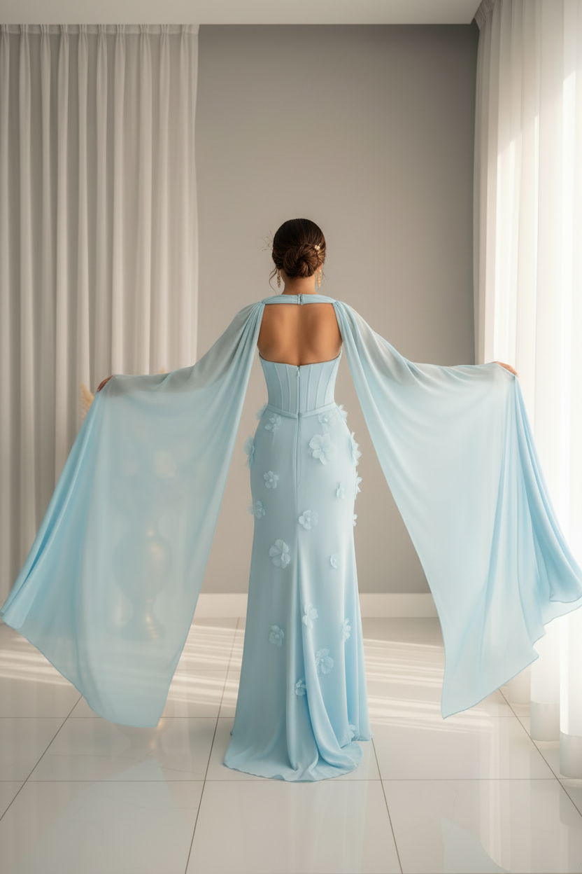 Vestido Azul Cielo Gala Corset Flores 3D Mangas Capa cod.V579