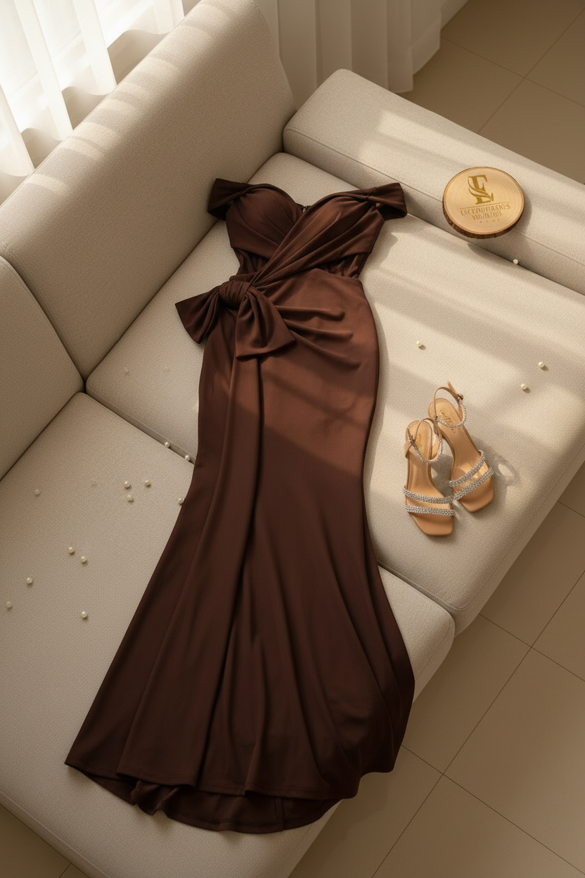 Vestido Formal Chocolate Off-Shoulder con Cutout y Lazo Lateral Falda Sirena cod.542