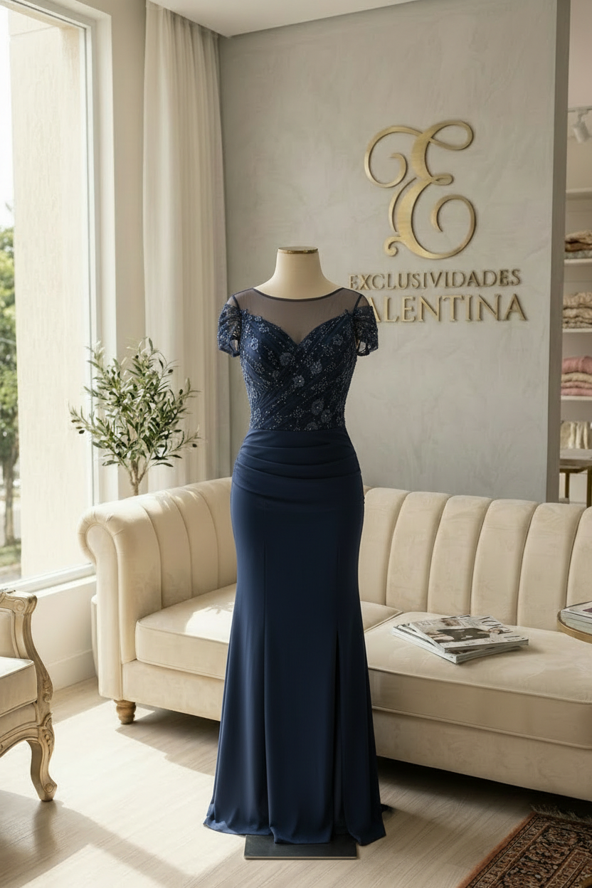 Vestido Azul Marino Sirena Encaje Ilusión con Abertura cod.V605