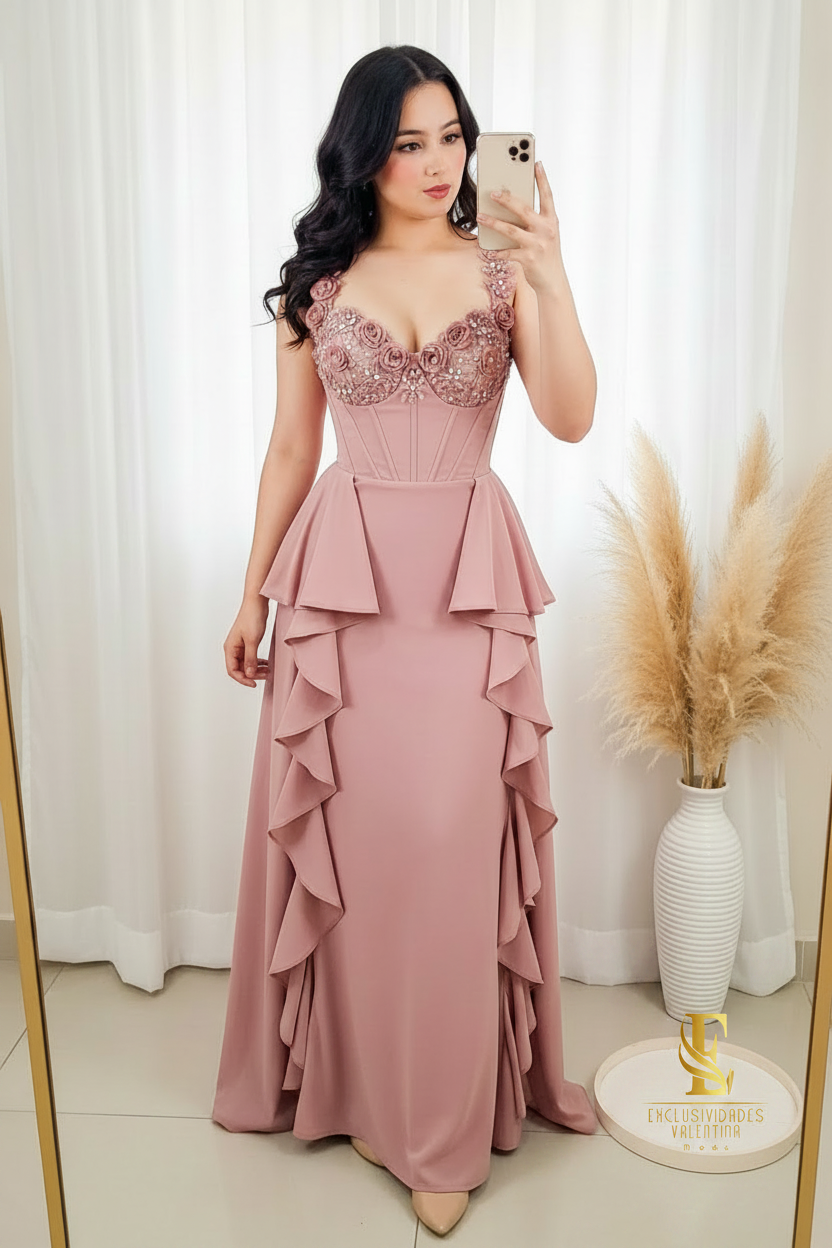 Vestido Rosa Palo Corset Encaje 3D cod.00164