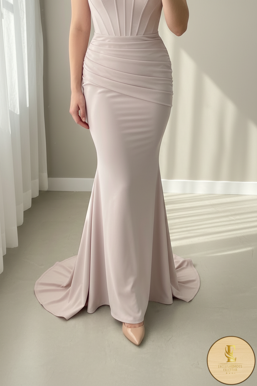 Vestido Nude Rosado Tirantes Anchos Corsé Sirena Cola cod.00109