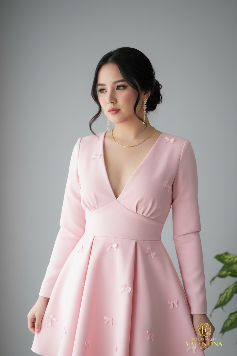 Vestido Rosa Baby Escote V Manga Larga Falda Skater Lazos 3d cod.939
