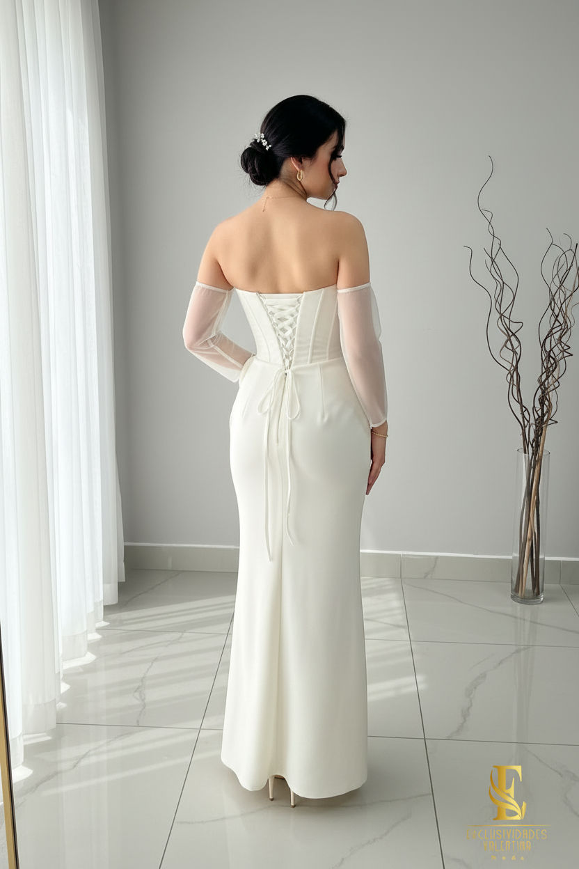 Vestido Blanco Off-Shoulder Corset con Rosa 3D y Abertura cod.V287