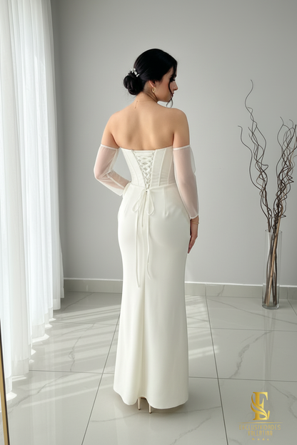 Vestido Blanco Off-Shoulder Corset con Rosa 3D y Abertura cod.V287