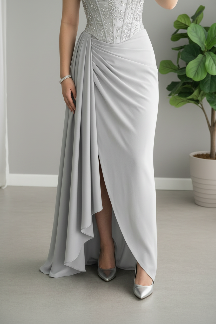 Vestido Gris Plateado Corset Bordado