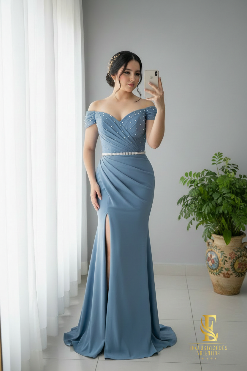 Vestido Azul Acero Sirena Off-Shoulder con Perlas y Abertura cod.0073